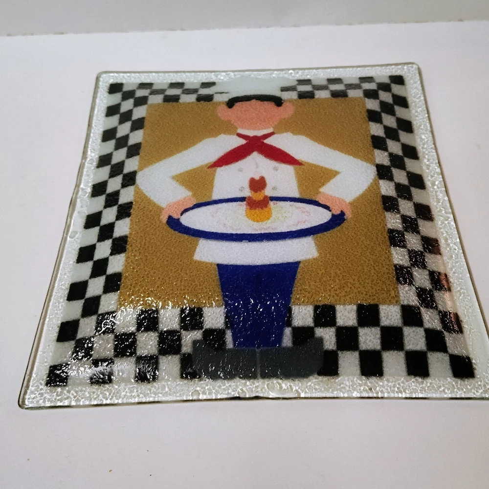 Peggy Karr VTG Fused Art Glass Bistro Chef Square Plate 10